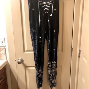 Velvet design embellished lace up pants